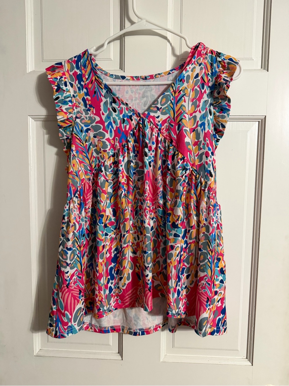 Source Unknown Floral Pink Blue Yellow Ruffle Sleeve Blouse